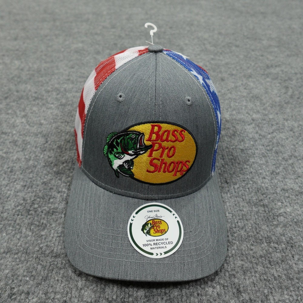 Bass Pro Shops Hat Cap Snap Back Mens Patriotic Gray Trucker Mesh USA Flag